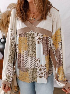Patchwork V-Neck Long Sleeve Tunic Top - Cream/Yellow